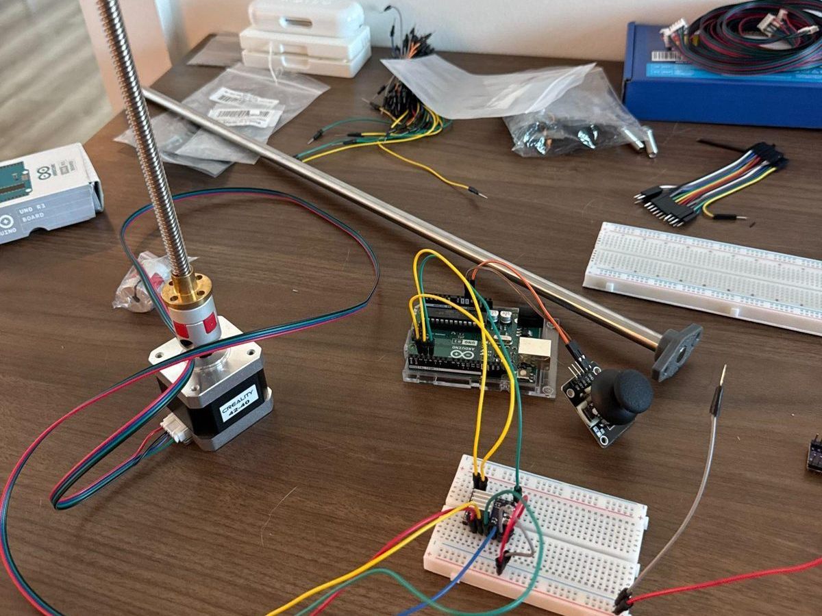 The Arduino, stepper driver and joystick wired together on the bench