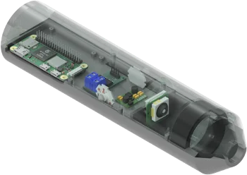 Simplified CAD rendering of the Retinex handheld device with a translucent housing, showing the Raspberry Pi, driver board, camera module and front optics inside