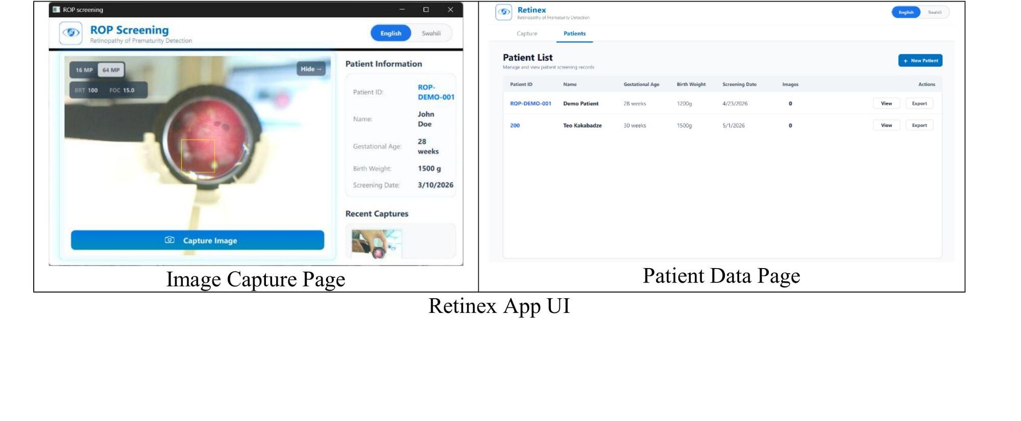 screenshots of the retinex app. capture page and patient list